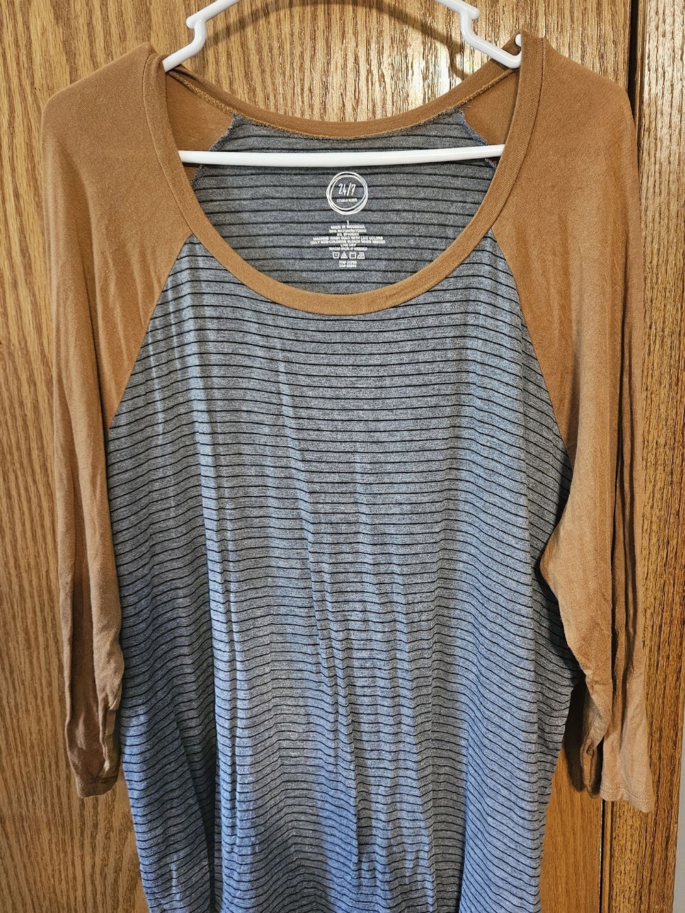 Women’s Long Sleeve Raglan Tee - Brown Sleeves, Gray Striped Body